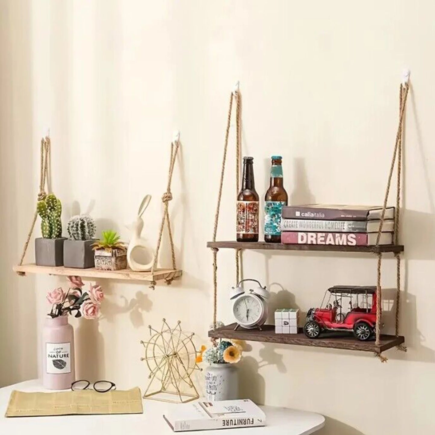 Wooden Floating Shelves for Wall | 1/2/3-Tier Plant and Flower Storage with Swing Hanging Rope | Home Living Room Decor