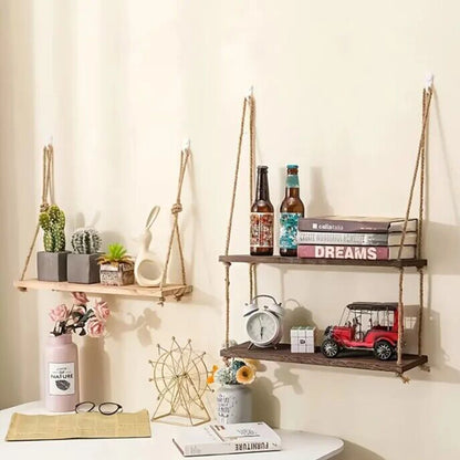 Wooden Floating Shelves for Wall | 1/2/3-Tier Plant and Flower Storage with Swing Hanging Rope | Home Living Room Decor