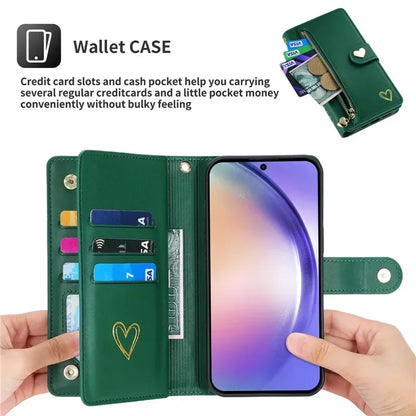 Leather Lanyard Wallet Phone Case for Samsung Galaxy - Zipper Card Holder Flip Cover