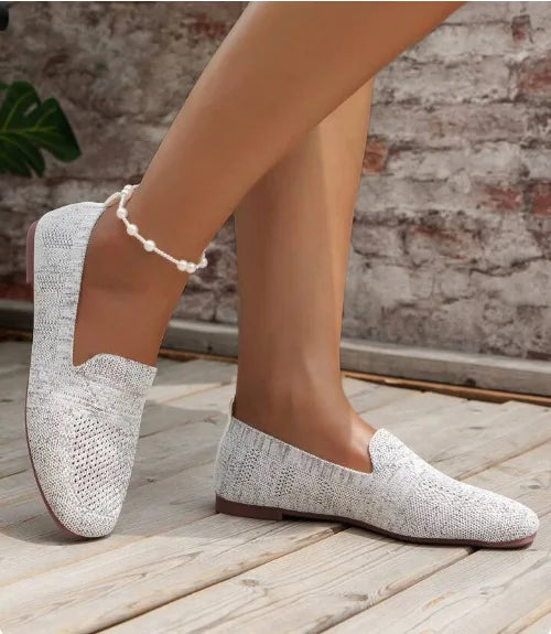 Solid Color Square Toe Mesh Loafers – Women’s Casual Slip-On Ballet Flats, Soft Bottom Knit Boat Shoes