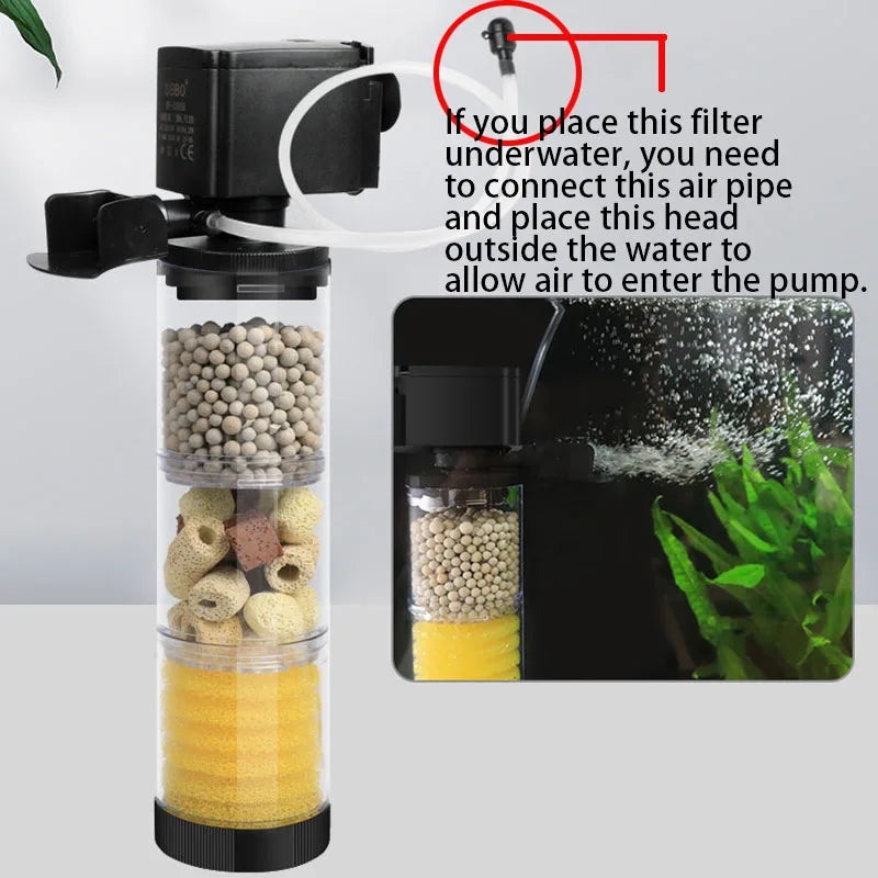 220V Silent Aquarium Filter – Submersible Water Pump with Bio Sponge, Skimmer & Waves Maker for Turtle & Fish Tanks