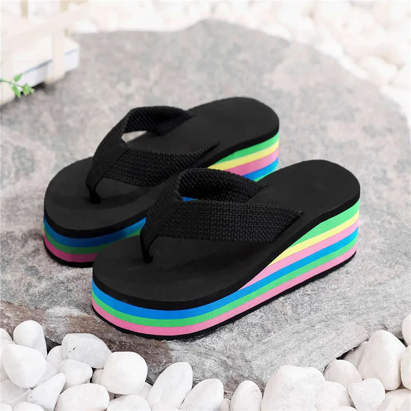 Summer Women’s Rainbow Bohemian Clip Toe Flip Flops – Non-Slip Wedge Beach Sandals