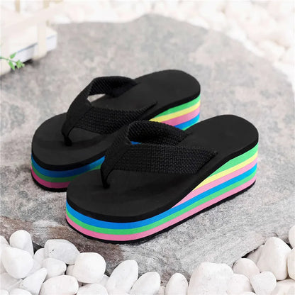 Summer Women’s Rainbow Bohemian Clip Toe Flip Flops – Non-Slip Wedge Beach Sandals