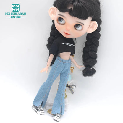 Blythe Doll Clothes – Fashion Tops, Black & White Shirts with Jeans & Plaid Pants for Azone OB22/OB24 Dolls
