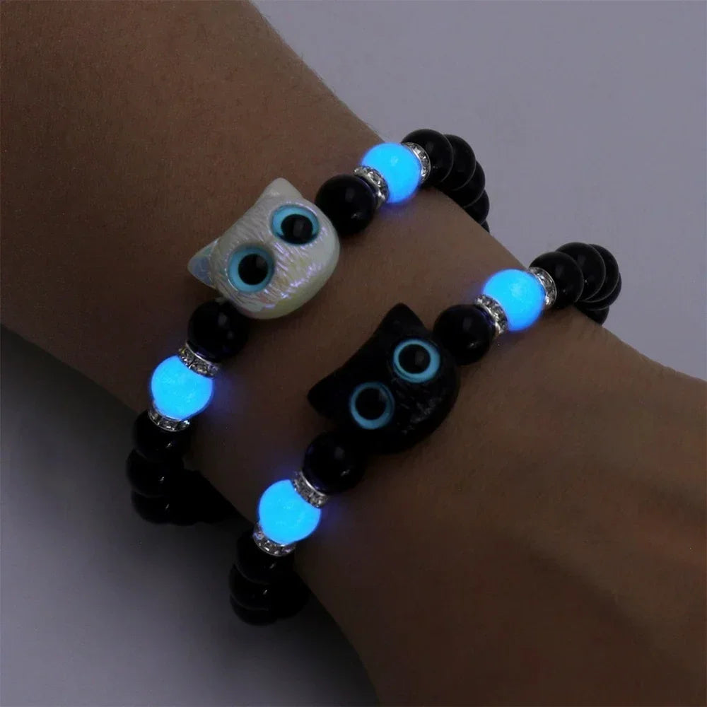 Couples Matching Luminous Cat Bracelets – Cute Black & White Cat Head Bead Friendship Bracelet for Men and Women