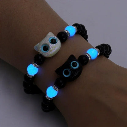 Couples Matching Luminous Cat Bracelets – Cute Black & White Cat Head Bead Friendship Bracelet for Men and Women