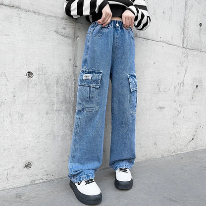 New 2024 Teenage Girls’ Blue Street Cartoon Jeans – Elastic Mid-Waist Loose Wide-Leg Denim Pants for Spring Fashion