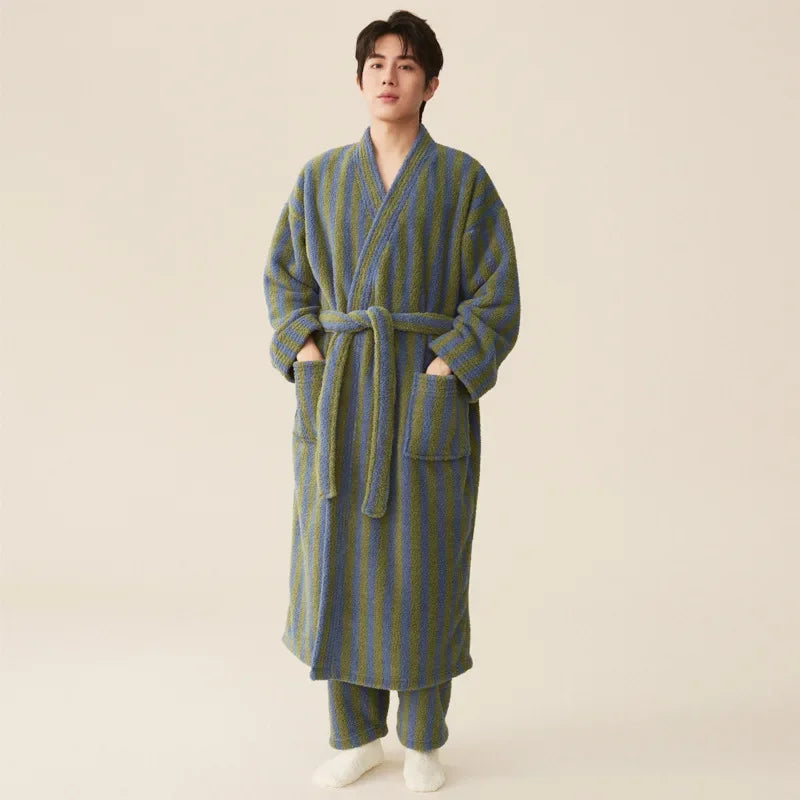 Couple’s Thickened Flannel Pajama Set – Coral Velvet Bathrobe & Striped Pants for Autumn Winter Homewear