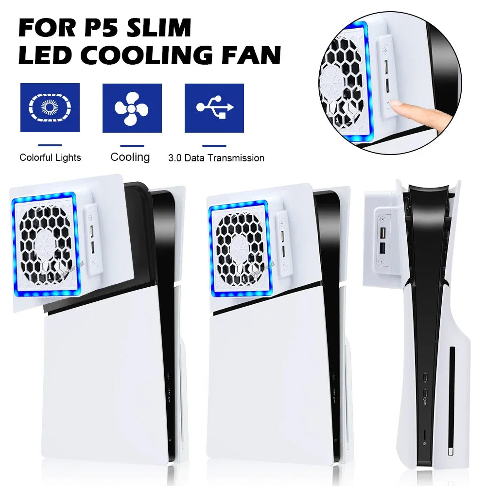 NEW Side-Mounted Cooling Fan for PS5 Slim – LED Light & 2 USB Ports Game Console Cooler Accessory