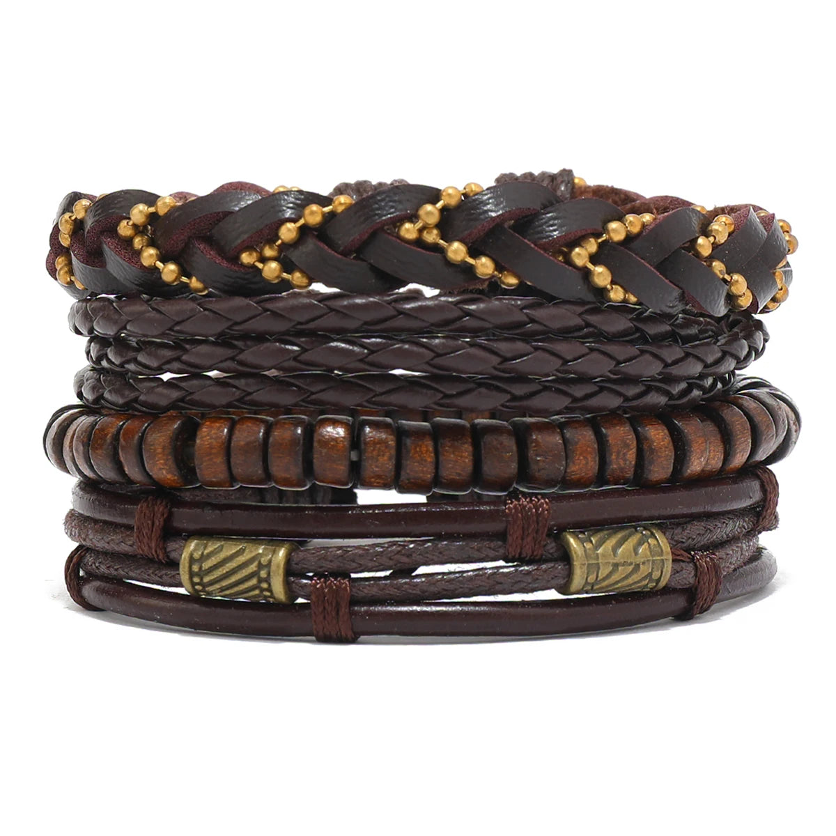 4Pcs Men's Braided Leather Bracelets Set – Vintage Life Tree & Rudder Charms, Wood Beads, Ethnic Tribal Wristbands