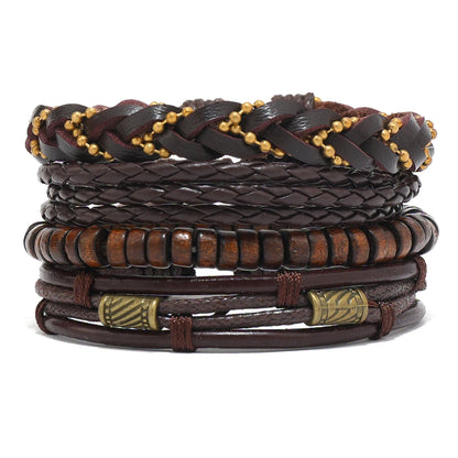 4Pcs Men's Braided Leather Bracelets Set – Vintage Life Tree & Rudder Charms, Wood Beads, Ethnic Tribal Wristbands