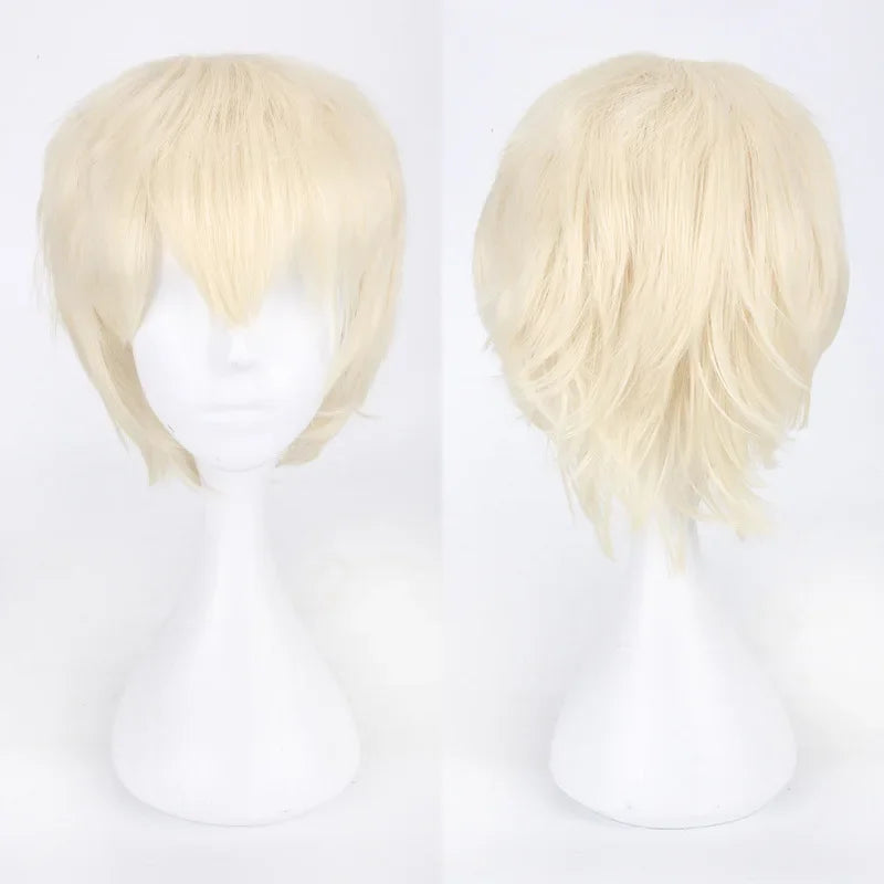 Unisex Synthetic Anime Cosplay Wig – Short Straight Heat-Resistant Hair in Red, White, Pink, Gray & Brown