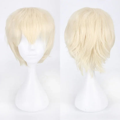 Unisex Synthetic Anime Cosplay Wig – Short Straight Heat-Resistant Hair in Red, White, Pink, Gray & Brown