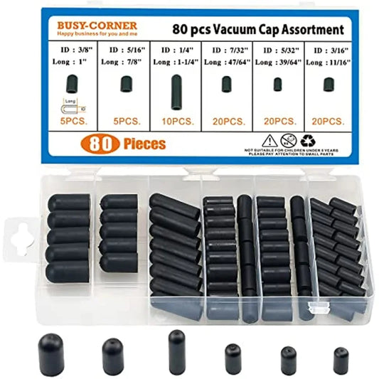 80PCS Black Vacuum Dust Cap Set - Rubber Carburetor Hose Covers for Automotive Vacuum Line Protection