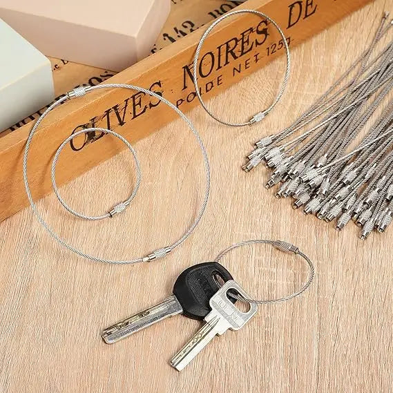 Metal Keychain Tag with Stainless Steel Wire Cable - Screw Lock Gadget Ring for Camping & Hardware