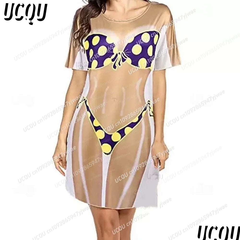 Women's 3D Bikini Print T-Shirt Dress - Casual Short Sleeve Summer Sleep & Home Dress