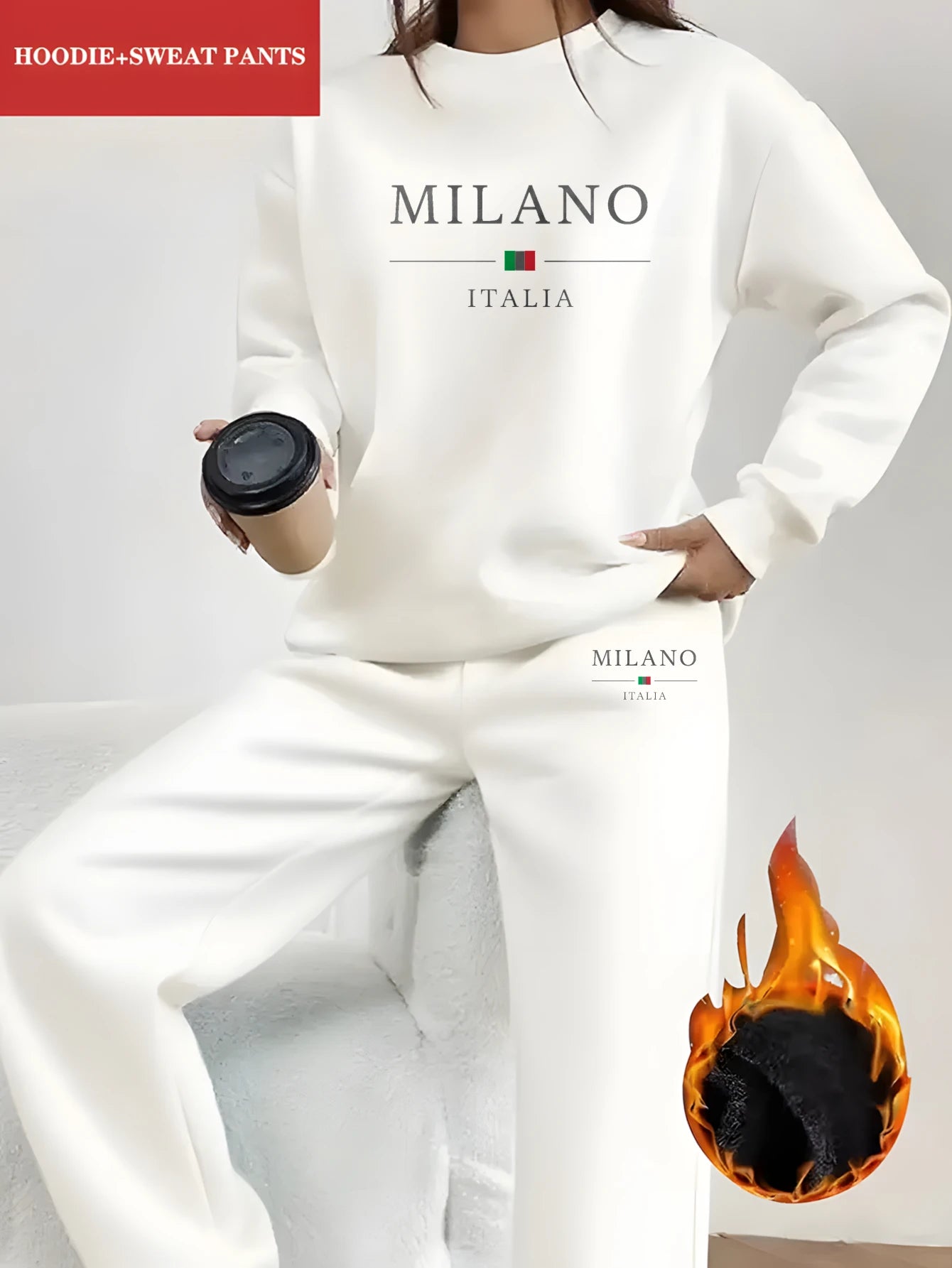 Women's Milano Italia 2-Piece Winter Set - Plush Warm Hooded Sweatshirt & Sports Pants Outfit