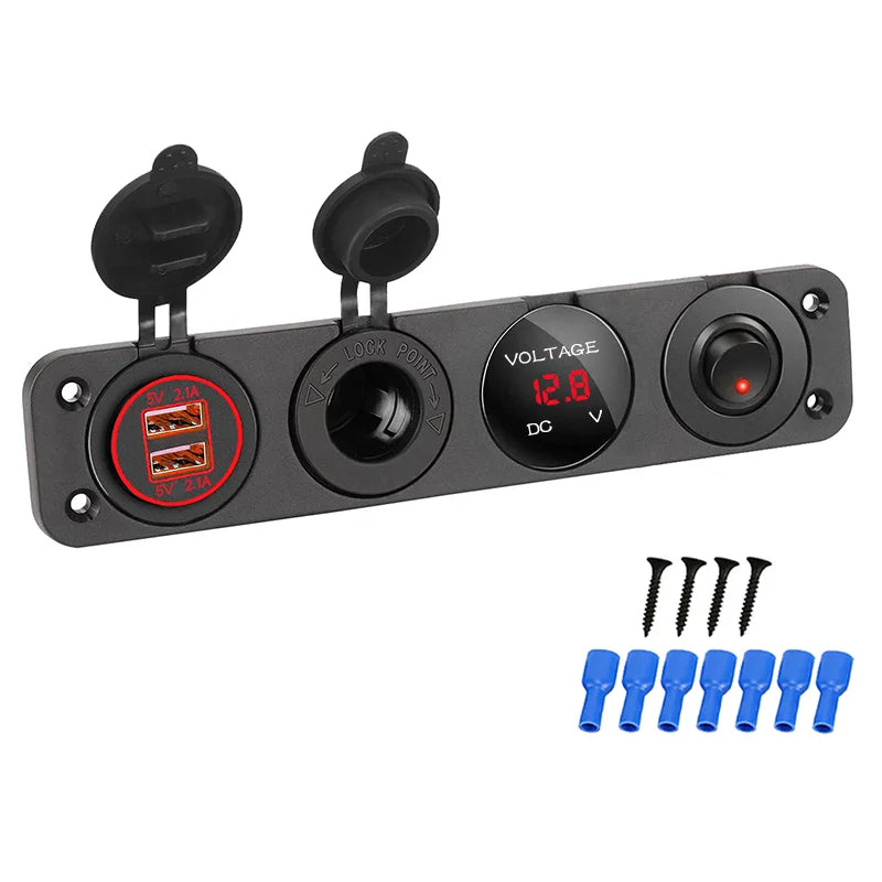 4-in-1 Marine Switch Panel | 12V Dual USB Charger, Power Outlet, LED Voltmeter & Cigarette Lighter Socket