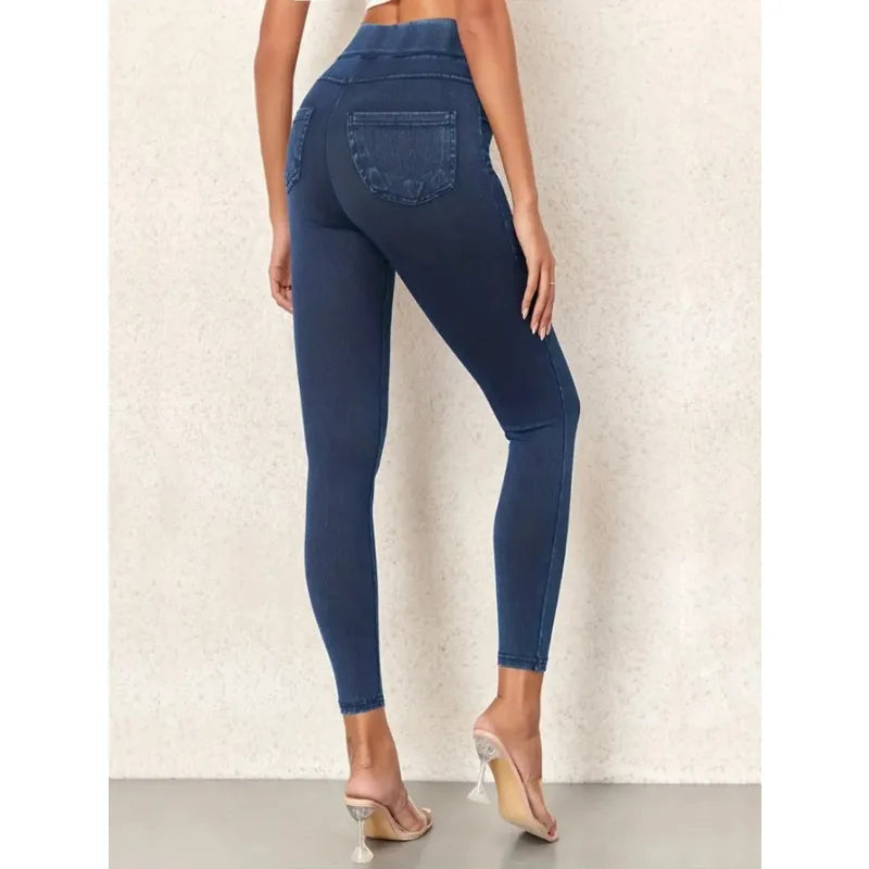 Women's Faux Denim Yoga Leggings - High Waist Stretch Fitness & Workout Skinny Tights