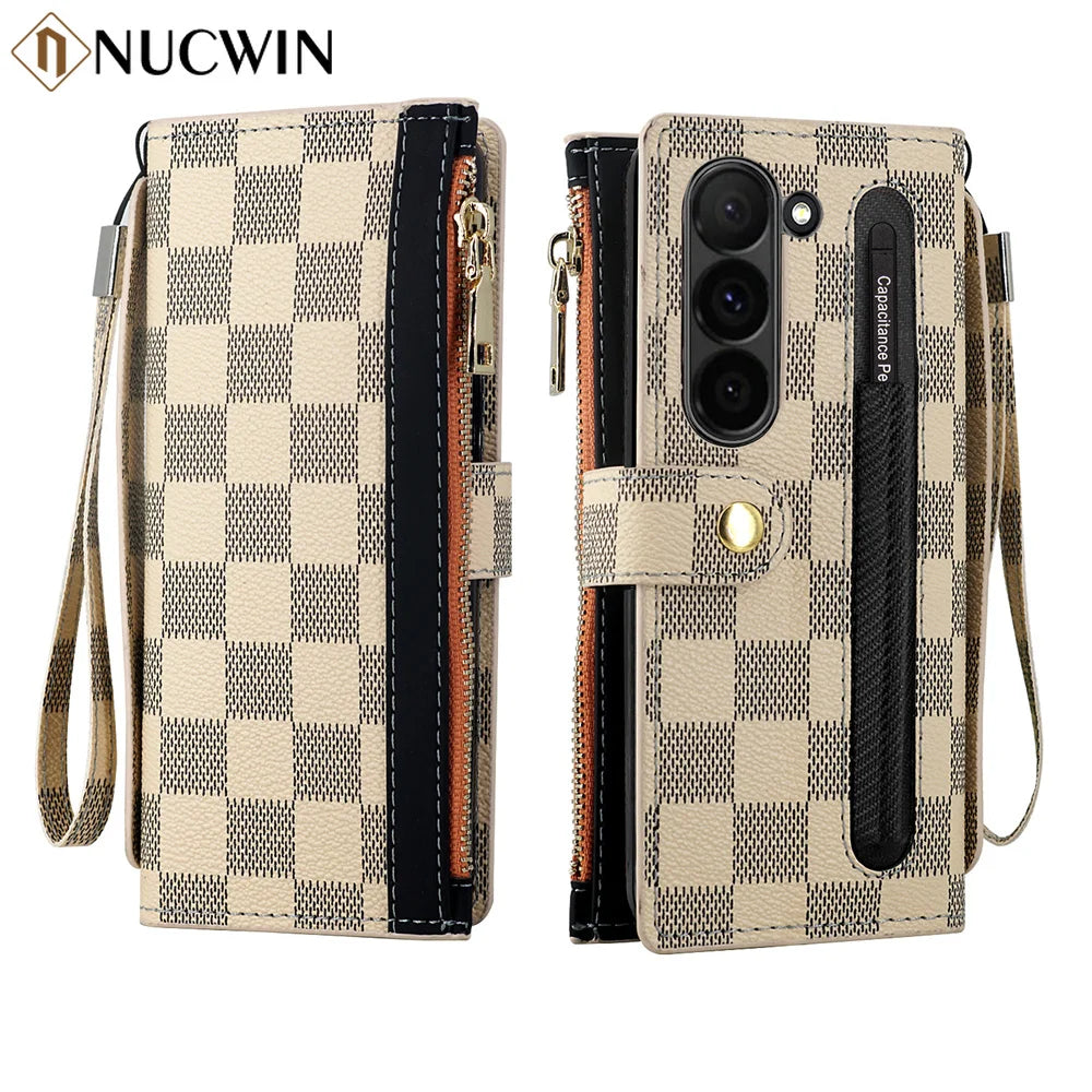 Leather Card Wallet Case with S Pen Slot for Samsung Galaxy Z Fold 6/5/4/3/2 — Multifunctional Zipper Protection Cover