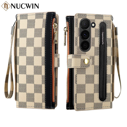 Leather Card Wallet Case with S Pen Slot for Samsung Galaxy Z Fold 6/5/4/3/2 — Multifunctional Zipper Protection Cover