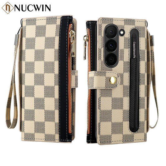 Leather Card Wallet Case with S Pen Slot for Samsung Galaxy Z Fold 6/5/4/3/2 — Multifunctional Zipper Protection Cover