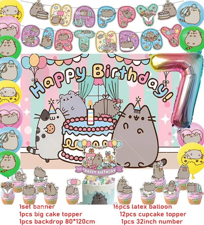 Pusheen Cat Birthday Party Decorations - Cartoon Pet Theme Balloons, Banner, Backdrop, Cake Topper, and Baby Shower Stickers