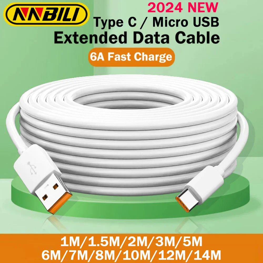 NNBILI 2024 New 6A Extra Long 1M-14M USB Micro/Type C Fast Data Cable – Compatible with Xiaomi, Huawei, PS4/5, VR & Android Phones