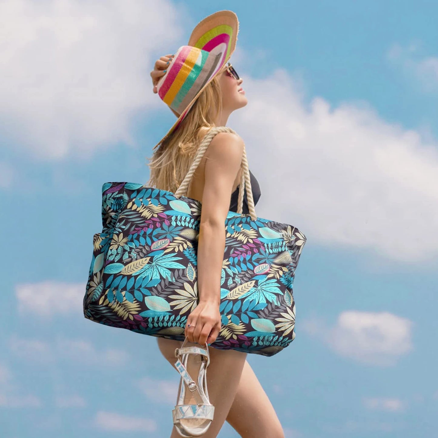 Striped Waterproof Canvas Beach Bag – Zippered Foldable Tote for Outdoor Travel and Vacation, Sand-Resistant Design