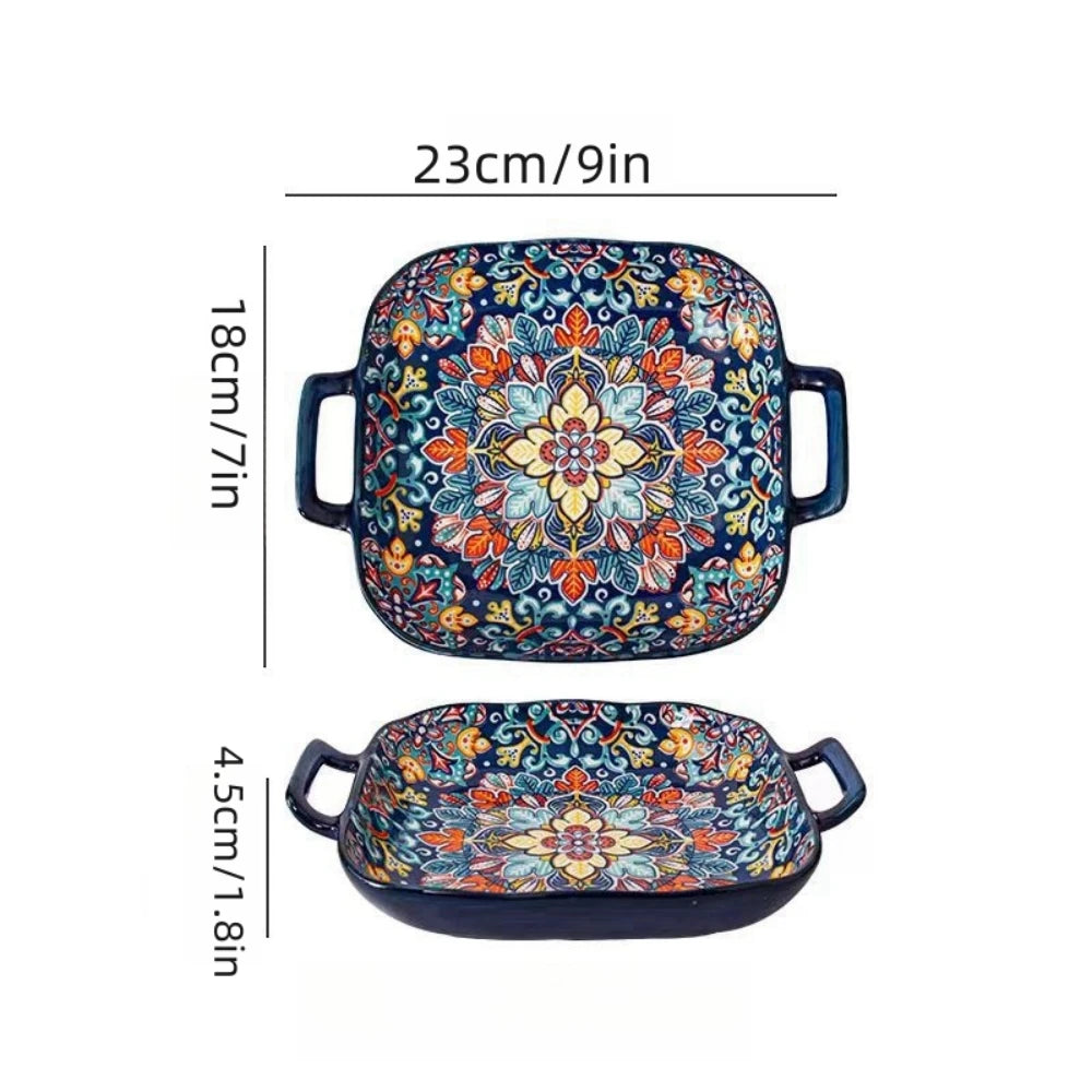 9-Inch Bohemian Style Ceramic Salad Plate with Double Ears — Oven & Microwave Safe Pasta Dish