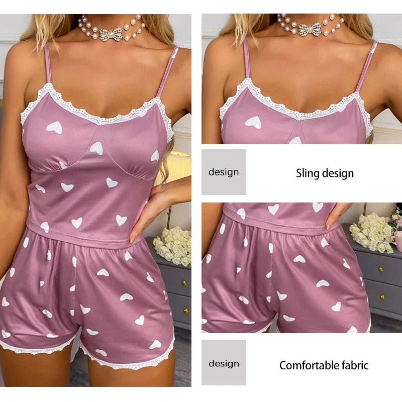 Women’s Lace V-Neck Pajama Set – Printed Suspender Top & Shorts Two-Piece Sleepwear