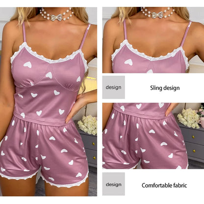 Women’s Lace V-Neck Pajama Set – Printed Suspender Top & Shorts Two-Piece Sleepwear