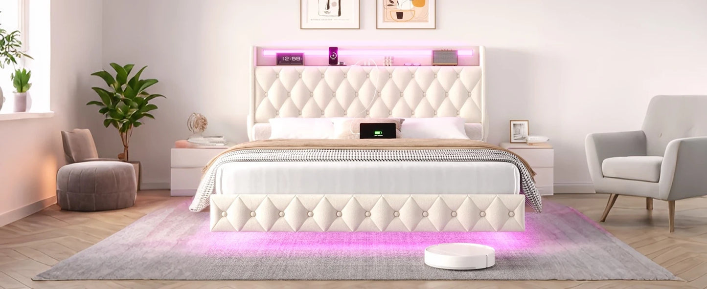 Floating Queen Size Bed Frame – Modern Upholstered Platform Bed with LED Lights, USB Charging Headboard & Velvet Fabric
