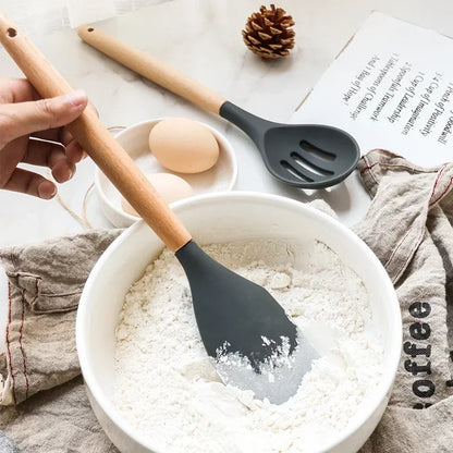 12PCS Silicone Kitchen Utensils Set - Food Grade Cookware with Turner, Spatula, Measuring Spoon, Practical Cooking Tools