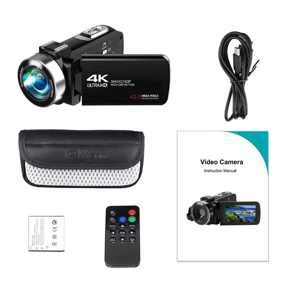 4K Digital Video Camera – 42MP 2-in-1 Photo & Video Camcorder, 18X Zoom, 3.0-inch Rotatable Screen, High Definition