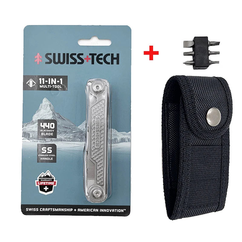 SWISS TECH 11-in-1 Mini Multitool - Folding EDC Camping Tool with Scissors, Screwdriver & Clip
