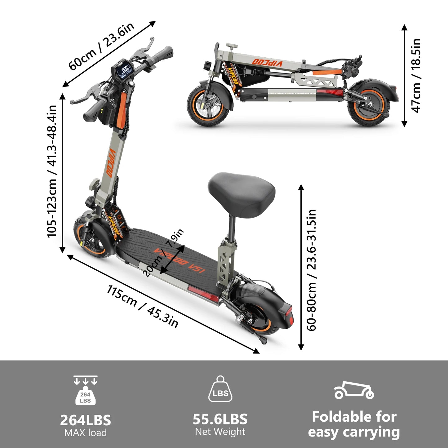 VIPCOO VS1 Electric Scooter – 700W Motor, 48V 13AH Battery, Portable Folding with 10” Off-Road Air Tires