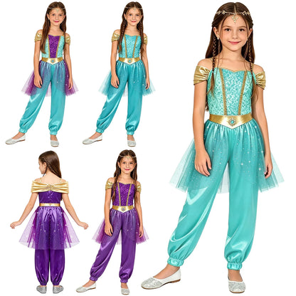 Girls Arabian Princess Costume - Metallic Sequin Bodice Tulle Satin Jumpsuit for Halloween, Carnival & Dance Performances