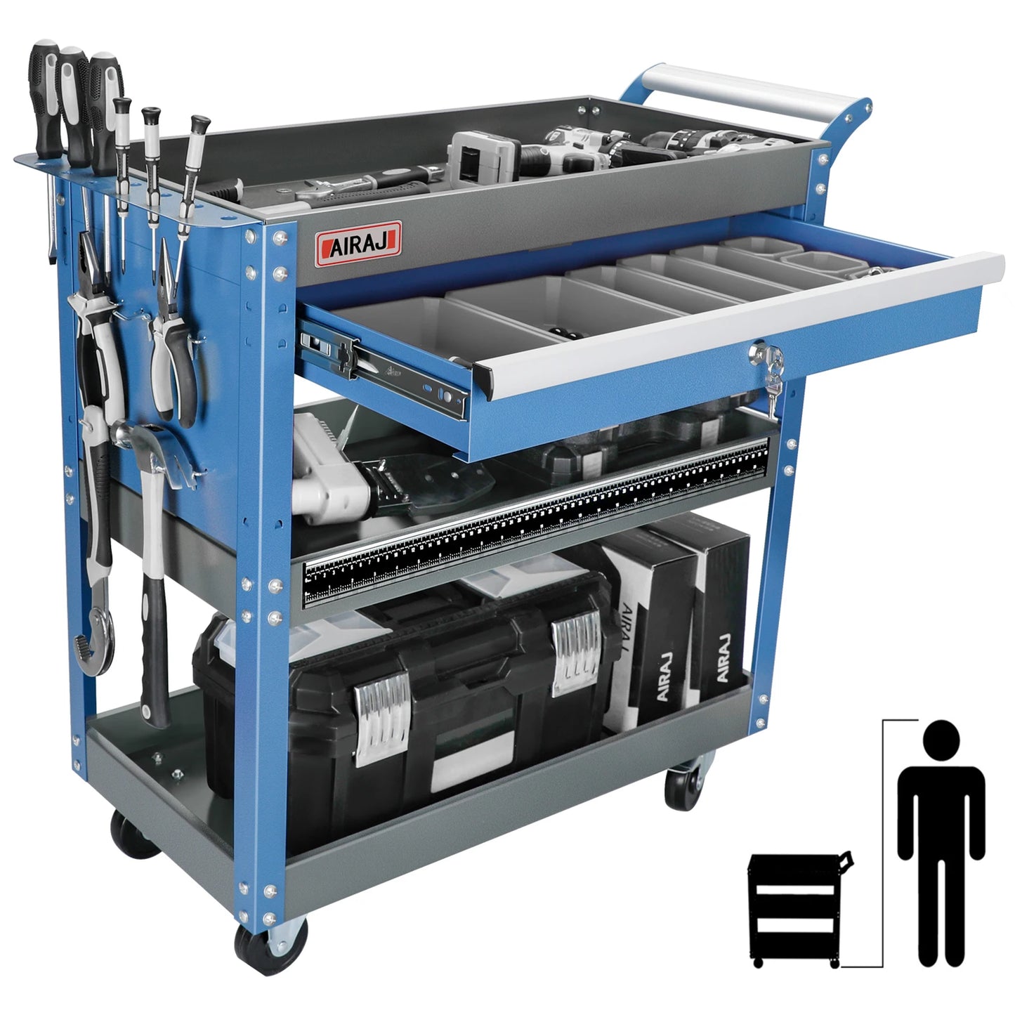 AIRAJ 3-Tier Rolling Tool Cart — Heavy-Duty Metal Mechanic Utility Cart with Drawers, Wheels & Pegboard