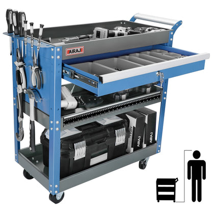 AIRAJ 3-Tier Rolling Tool Cart — Heavy-Duty Metal Mechanic Utility Cart with Drawers, Wheels & Pegboard