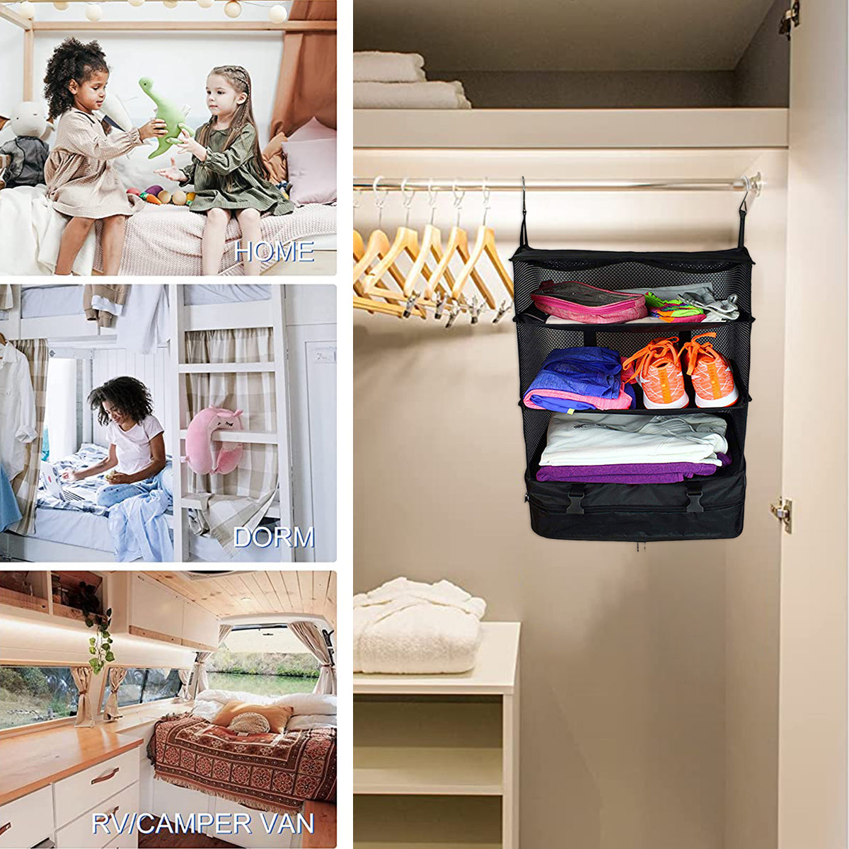 Portable Travel Luggage Organizer – 3-Shelf Collapsible Hanging Closet & Packing Cube Storage Bag