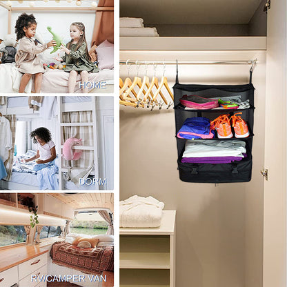 Portable Travel Luggage Organizer – 3-Shelf Collapsible Hanging Closet & Packing Cube Storage Bag