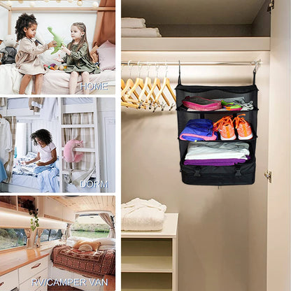 Portable Travel Luggage Organizer – 3-Shelf Collapsible Hanging Closet & Packing Cube Storage Bag