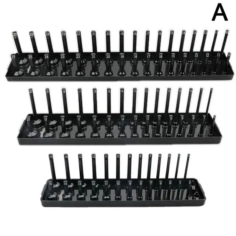 3PCS Socket Organizer Trays – Black/Red Holder for 1/2", 3/8", 1/4" Sockets, Garage & Home Tool Storage Rack