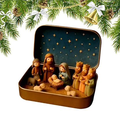 Mini Christmas Nativity Set - Pocket Size Tin Box Jesus Birth Display Decor for Home, Office & Bedroom