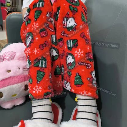 Thick Hello Kitty Fleece Pajama Pants – Soft Double Elastic Anime Trousers for Women, Cute Sanrio Birthday Gift