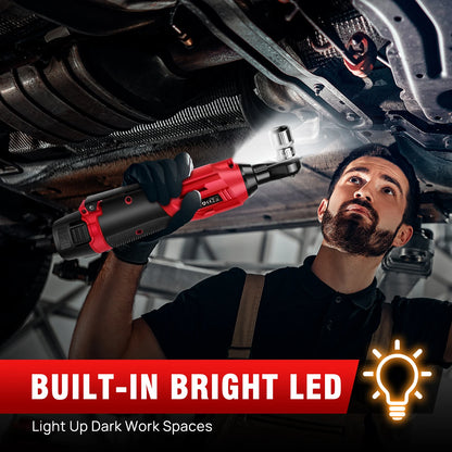 DayPlus 200NM 3/8" Cordless Electric Ratchet Wrench | 90° Angle 12V Power Tool with 2 Batteries, Charger & 7 Sockets