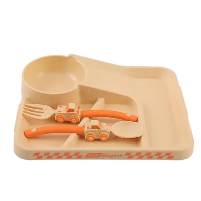 Kids Cartoon Racing Dinner Set - Baby Self Feeding Fork Spoon Plate & Divided Non-Slip Bowl Set