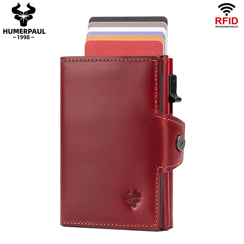 HUMERPAUL Men’s Pop-Up Card Holder – Crazy Horse Leather RFID Blocking Slim Wallet with Money Pocket & Metal Bank Card Case
