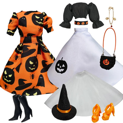 1/6 Doll Halloween Cosplay Outfit – Witch Dress, Cap, Belt, Bag & Broom for 12" BJD / 30cm Dolls